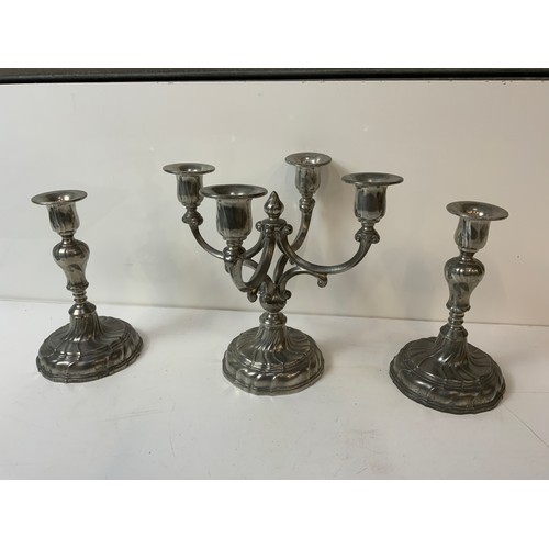 231 - Pewter Candelabra and Pair of Pewter Candle Holders