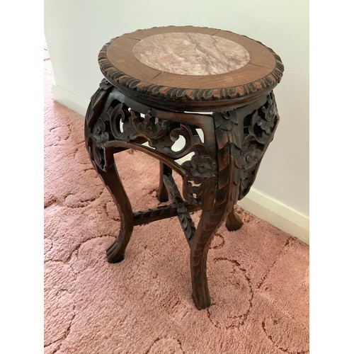 593 - Carved Hardwood Table with Marble Top