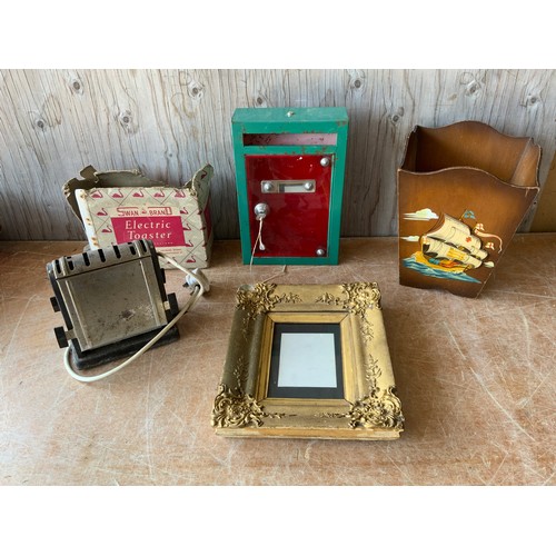 408 - Vintage Waste Paper Basket, Picture Frame and Metal Post Box etc