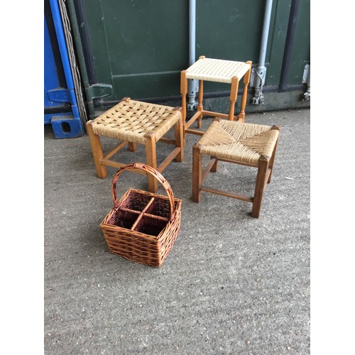 562 - 3x Wicker Stools and Basket