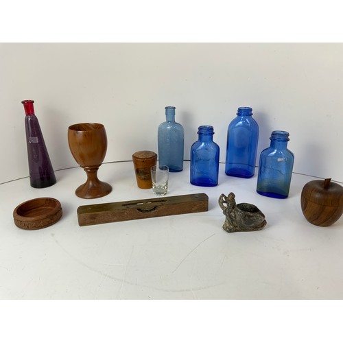 357 - Apothecary Bottles, Treen, 1941 Military Brass Spirit Level and Pin Cushion