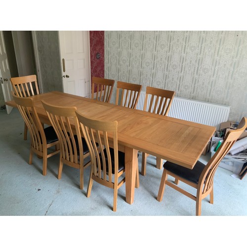 131 - Modern Oak Extending Dining Table and Chairs - 9ft When Extended