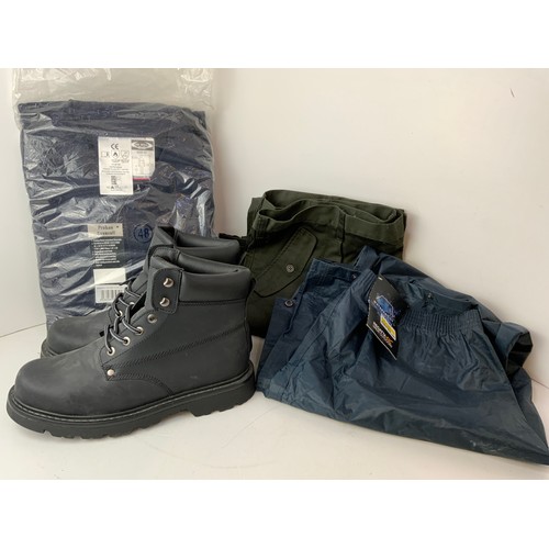 322 - Pair of Gents Boots - Size 12, Coverall and Waterproof Trousers etc