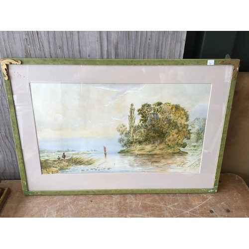 309 - Framed Watercolour - Fishing Scene - E B Lait