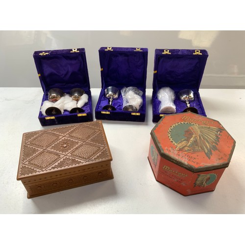 380 - Boxed Silver Plated Goblets, Vintage Tin and Wooden Box