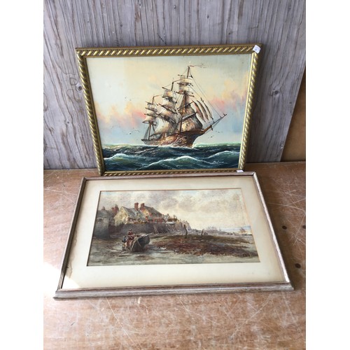 343 - Framed Pictures - Watercolour Harbour Scene Signed KMC/Signed Oil on Board Ship Scene