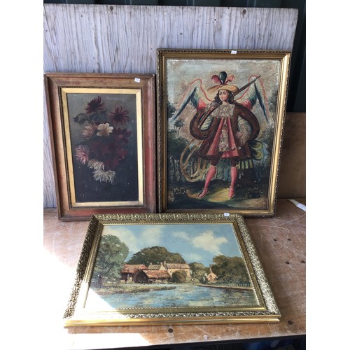 484 - 3x Framed Pictures - Oil on Board L Powell Country Scene/ Oil on Canvas Archangel Harquebusier/Oil o... 