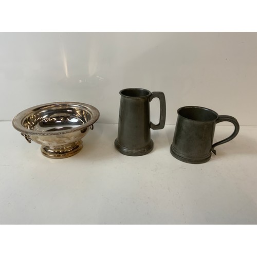 188 - 2x Glass Bottomed Pewter Tankards, Silver Plated Bowl