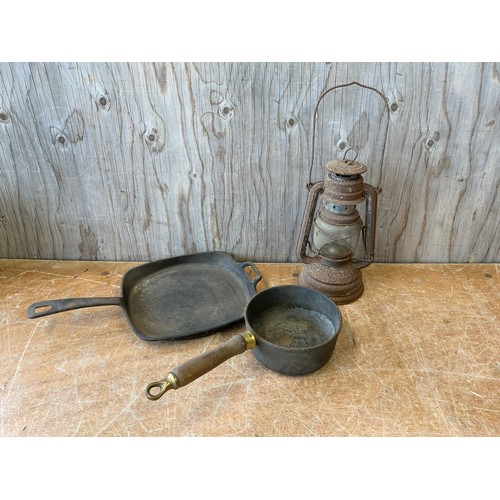 242 - Cast Iron Griddle Pan, Saucepan and Old Lantern