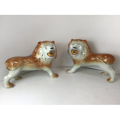 408 - Vintage Pair of Ceramic Lions, Teapot on Stand and Coffee Pot and Glassware