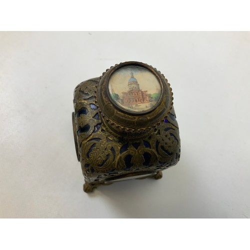 182 - Brass Mounted Cobalt Glass Inkwell with Images on London Landmarks - 12cm High