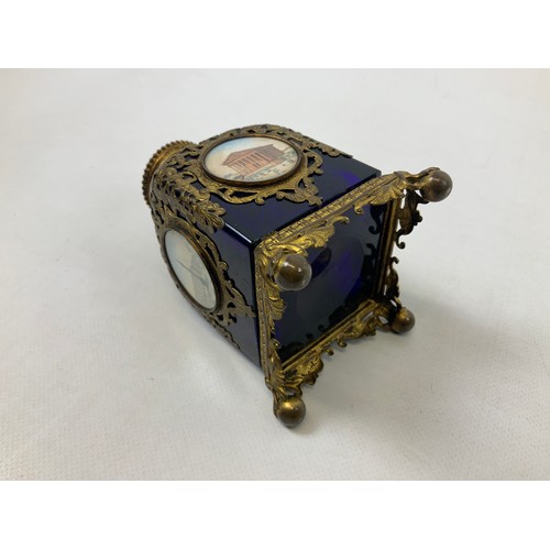 182 - Brass Mounted Cobalt Glass Inkwell with Images on London Landmarks - 12cm High