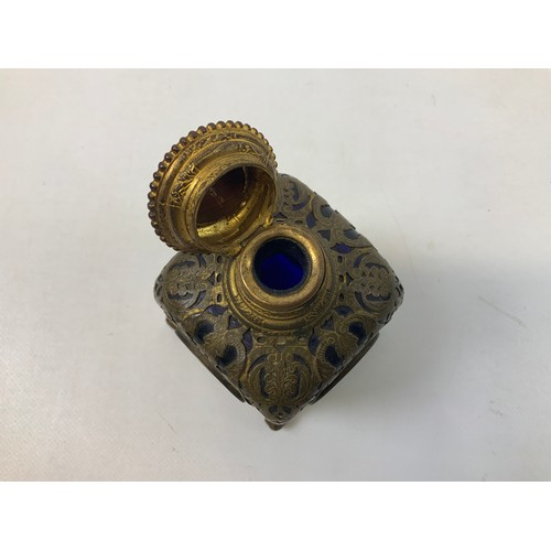 182 - Brass Mounted Cobalt Glass Inkwell with Images on London Landmarks - 12cm High