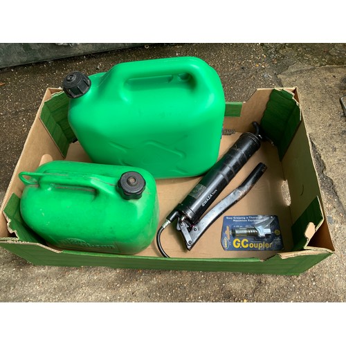 25 - Plastic Petrol Cans and Grease Gun etc