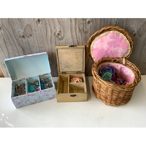 266 - Basket of Handcrafted Flower Brooches, Wooden Sewing Box and Decorative Box of Costume Jewellery