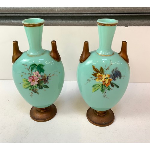 305 - Pair of Painted Glass Vases on Wooden Stands