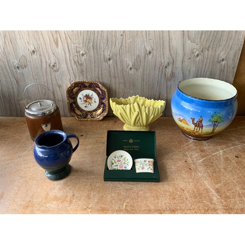 392 - Painted Ceramic Planter with Desert Scene, Sylvac Vase, Spode Dessert Plate with Staple Repair and B... 