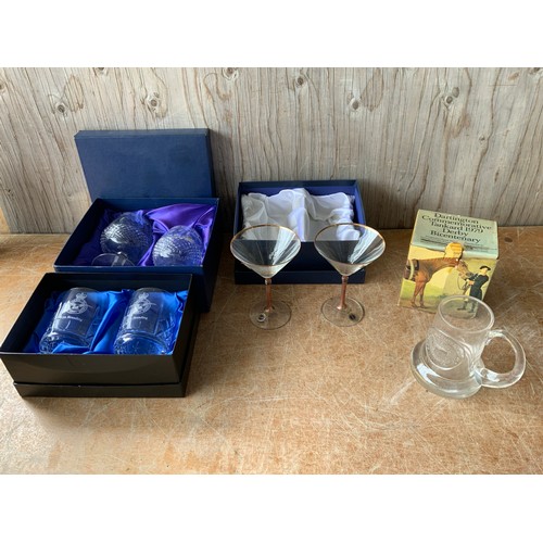 318 - Engraved Crystal Glasses, Bohemia Crystal Champagne Glasses and Dartington Tankard