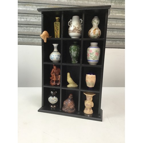 389 - Display Shelves and Contents - Miniature Oriental Figurines and Vases etc