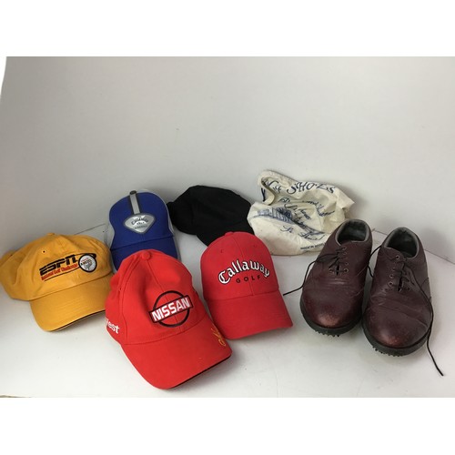 278 - Foot Joy Golf Shoes Size 8 with St Andrew’s Bag and Golfers Caps