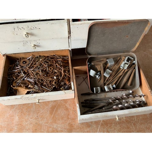 730 - Small Wooden Tool Box and Contents - Screws, Nails and Drill Bits etc