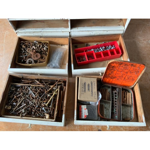 730 - Small Wooden Tool Box and Contents - Screws, Nails and Drill Bits etc