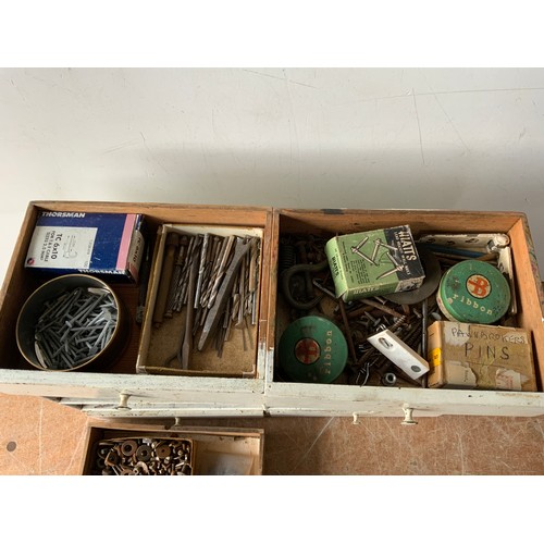 730 - Small Wooden Tool Box and Contents - Screws, Nails and Drill Bits etc