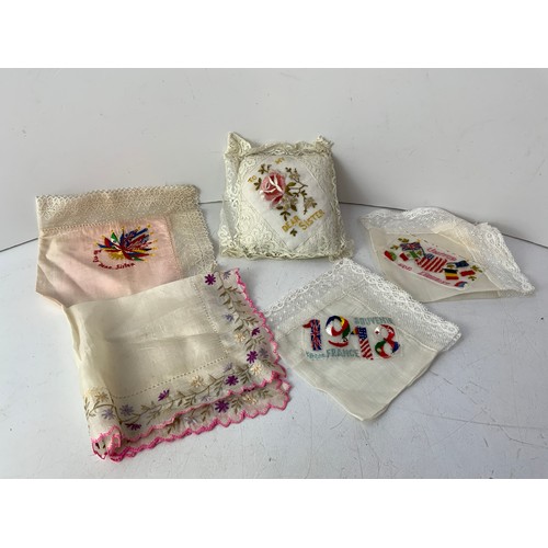 686 - 4x WWI Embroidered Handkerchiefs and Pin Cushion