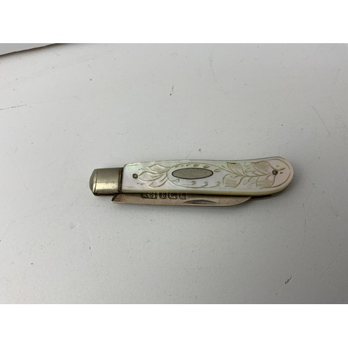 704 - Silver Bladed Mother of Pearl Fruit Knife, Closed - 6 cm Open - 9.5 cm Sheffield 1908 and Mother of ... 