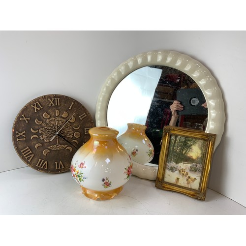 422 - Modern Mirror, Garden Clock and Vintage Light Shade etc