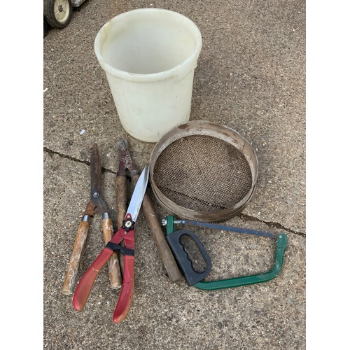 30 - Plastic Bucket of Garden Tools and Sieve