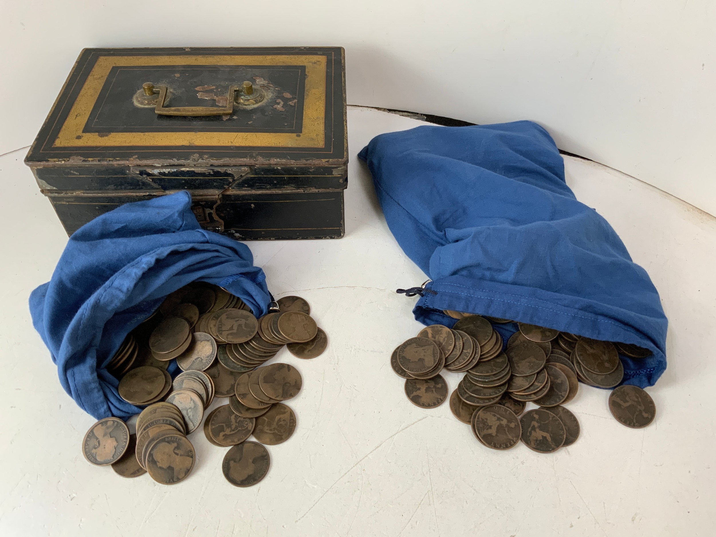 Old Cash Tin and Coins - Approx 180 Young Head Victoria Pennies, Approx ...