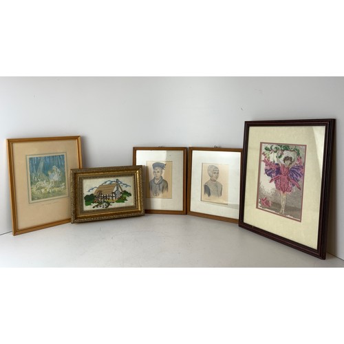 258 - 3x Framed Pictures and 2x Framed Embroideries