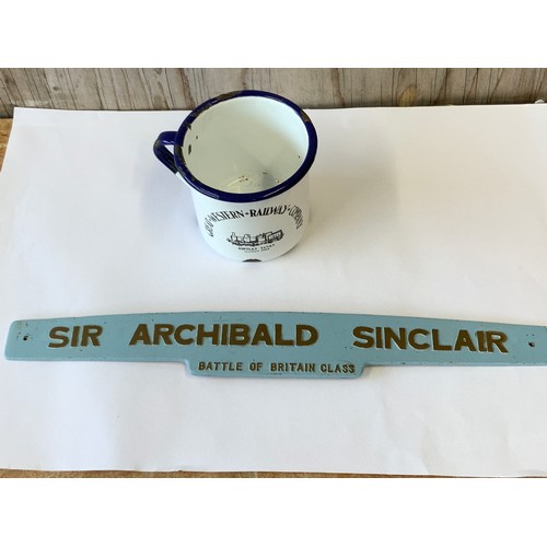 726 - Sir Archibald Sinclair Brass Train Name Plate - 36cm Long and G.W.R. Kirtley Tanks Tin Mug