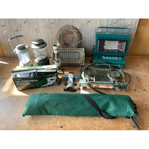 565 - Camping Equipment - Portable Gas Heater, Tilley Stove, Camp Bed and Lanterns etc