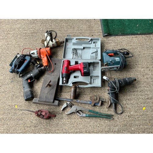 672 - Crate of Tools - Oil Cans, Drills, Jigsaw and Wrenches etc