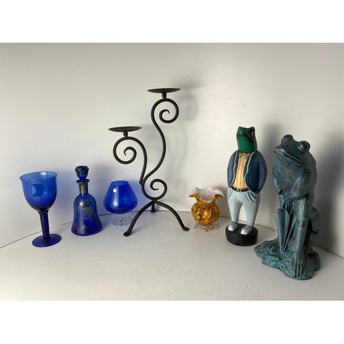 285 - Blue Glass, Metal Candle Holder and Frog Garden Ornament etc