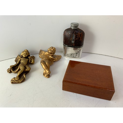 696 - Pair of Gilded Wall Cherubs - 14cm High, Hip Flask and Small Treen Box