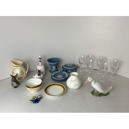 791 - Copenhagen Rabbit and Duck, Wedgwood Trinket Box etc, Royal Doulton Brooch and Crystal Glasses