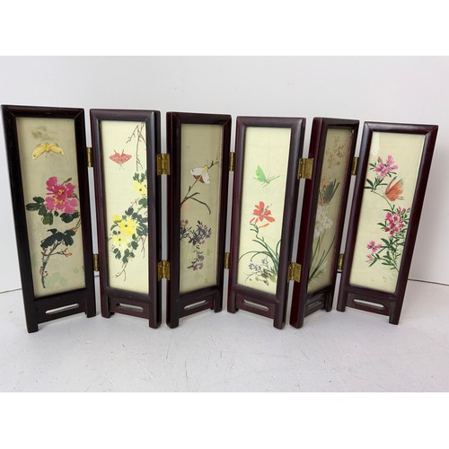 702A - Miniature Japanese Folding Screen with Hand Painted Silk Decoration to Both Sides - 18cm High