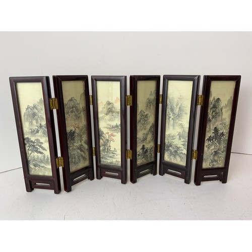 702A - Miniature Japanese Folding Screen with Hand Painted Silk Decoration to Both Sides - 18cm High