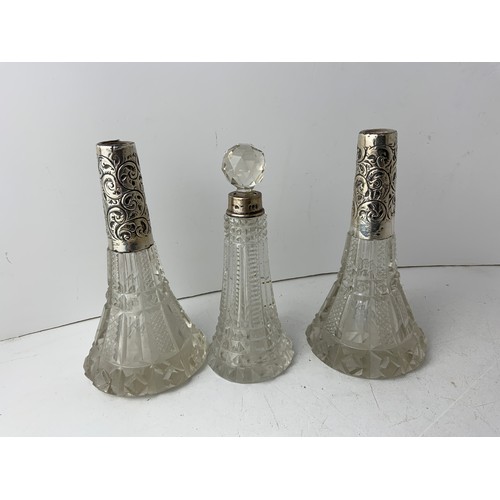 631 - Silver Collared Scent Bottle and 2x Silver Collared Stem Vases