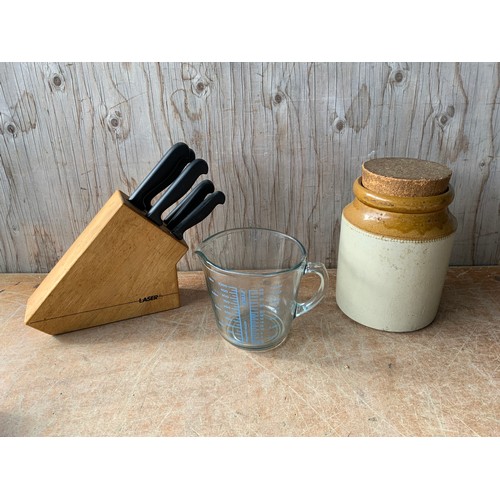 223 - Laser Knife Set, Pyrex Measuring Jug and Stoneware Storage Jar