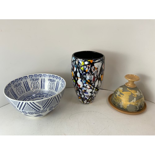 239 - Ceramic Cheese Dish, Oriental Bowl and Heavy Glass Vase