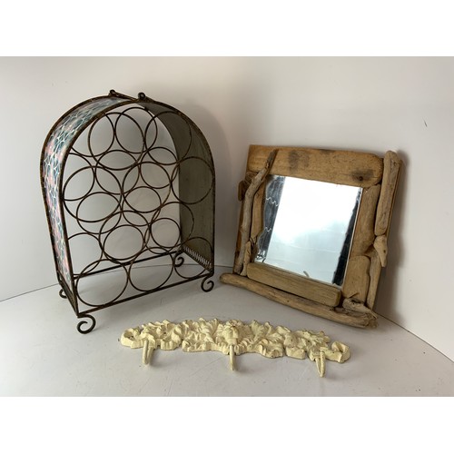 312 - Cast Iron Hooks, Wine Rack and Driftwood Mirror