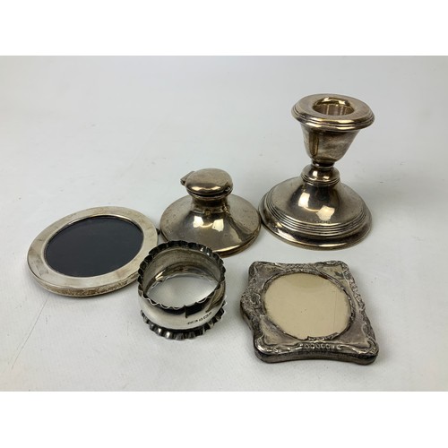 131 - 4x Silver Items - Picture Frames, Ink Well and Candlestick etc