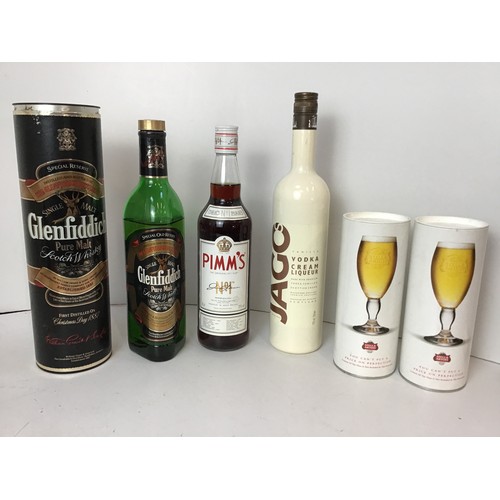 487 - Pims, Vodka Cream Liqueur, Part Bottle of Glenfiddich and Pair of Stella Artois Glasses