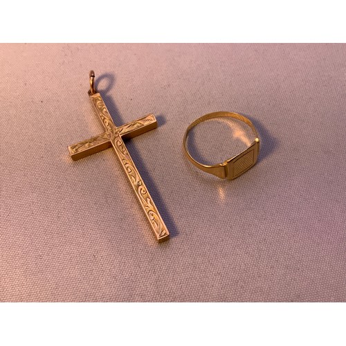 363 - 9ct Gold Cross - 4cm and 9ct Gold Ring (Broken) - 3.1gms