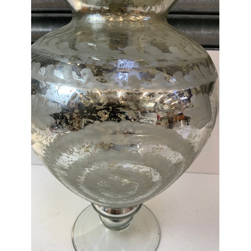 87 - Large Free Blown Chemist Glass Lidded Jar, Etched, Silver Inside - 57cm