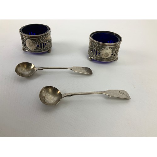 145 - 2x Silver Mustards with Blue Glass Liners and Spoons